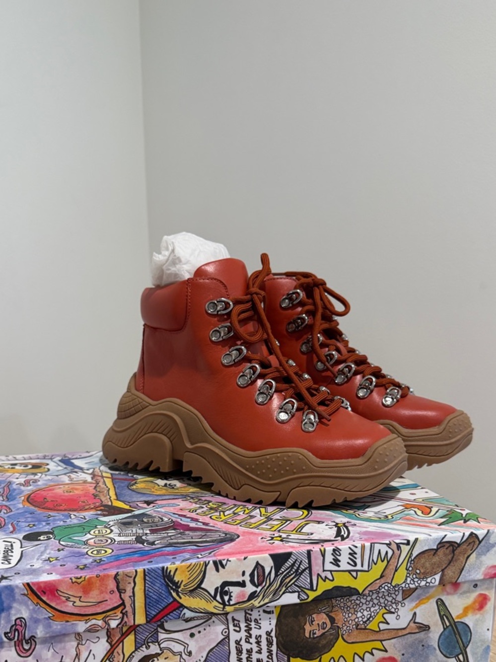 Jeffrey Campbell Rust Red Leather Combat Moto Boots with Tan Chunky Sole 2019